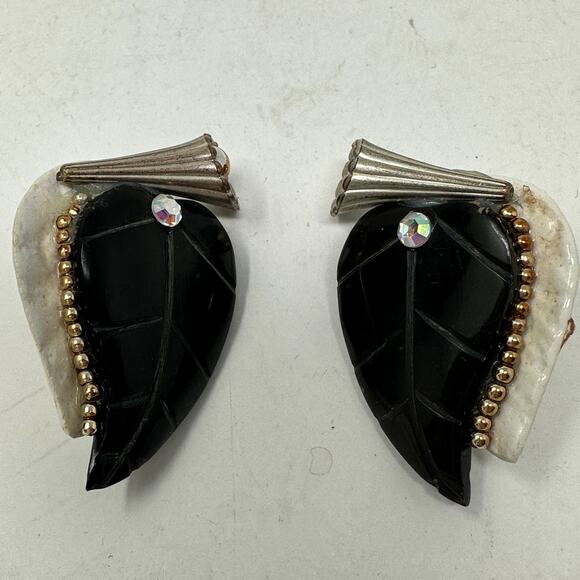 VTG Fired Fantasies Clay Shell Earrings Rhinestone Accents Black White Clip On - Picture 2 of 5
